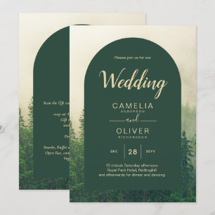 Misty Green Forest Pine Trees Wedding Kaart