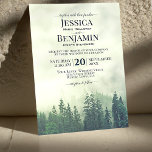 Misty Green Pine Forest Rustic buitenshuis Weddens Kaart<br><div class="desc">Deze trouwe trouwuitnodiging is voorzien van een prachtige waterverf achtergrond van groene bergdenbomen die zijn geel of groen zijn gekleurd of in mist zijn gehuld. De tekst kenmerkt de namen van het paar met de elegante hoogtepunten van de manuscriptkalligrafie. Ideaal voor een land, een buitenland, een bestemming voor wilde natuur...</div>