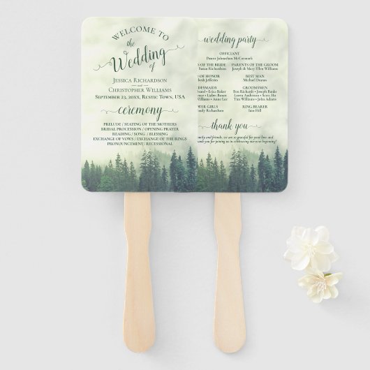 Misty Green Pine Trees Rustic Wedding Programme Handwaaier (Voorkant en achterkant)