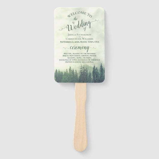 Misty Green Pine Trees Rustic Wedding Programme Handwaaier (Voorkant)