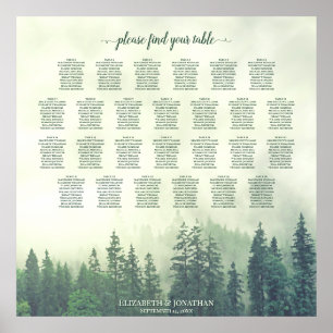 Misty Green Pines 26 Table Wedding Seating Chart Poster