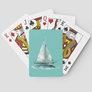 Misty Green Sailboat - Waterverf Yacht Design Pokerkaarten