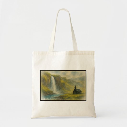 Misty IJslandse Waterval en Kerk, Noords Land Tote Bag (Voorkant)