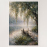 Misty Lake Dock with Willow Tree Legpuzzel<br><div class="desc">A peaceful wooden dock stretches over a still lake, embraced by vibrant greenery and the gentle presence of a weeping willow tree</div>