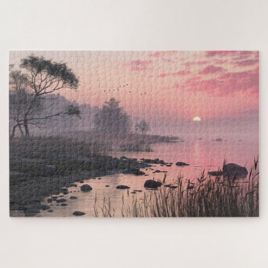Misty Lake Sunset Puzzel Romantische Roze Natuur K Legpuzzel (Horizontaal)