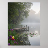 Misty Lake Swans Water Lilies Nature Art Poster (Voorkant)