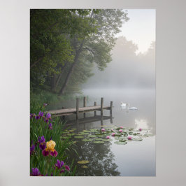 Misty Lake Swans Water Lilies Nature Art Poster