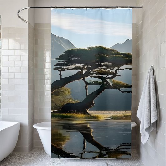 Misty Landscape Scene Pine Tree Outdoor-thema Douchegordijn