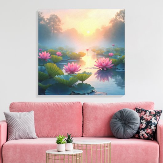 Misty Lotus Pond bij zonsopgang Canvas Afdruk (Insitu (Woonkamer))
