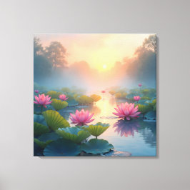 Misty Lotus Pond bij zonsopgang Canvas Afdruk