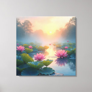 Misty Lotus Pond bij zonsopgang Canvas Afdruk