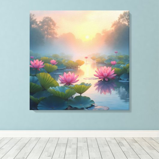 Misty Lotus Pond bij zonsopgang Canvas Afdruk (Insitu (Houten vloer))