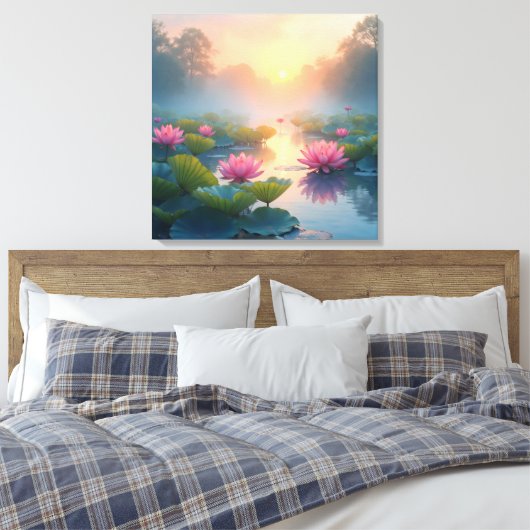 Misty Lotus Pond bij zonsopgang Canvas Afdruk (Insitu (Slaapkamer))