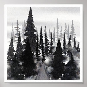 Misty Monochrome Pine Forest Waterverf Art Print