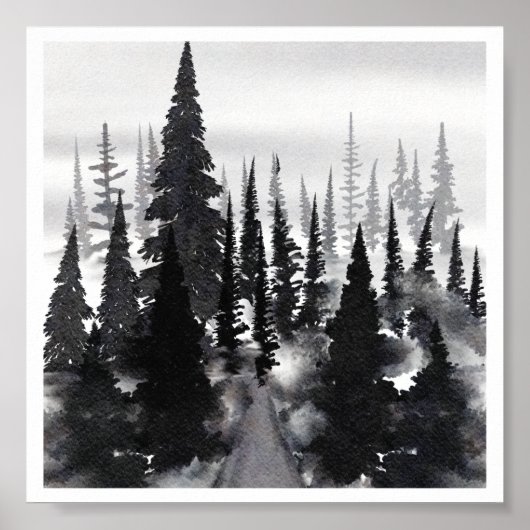 Misty Monochrome Pine Forest Waterverf Art Print (Voorkant)