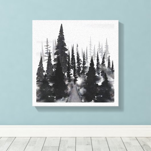 Misty Monochrome Pine Forest Waterverf Art Print (Insitu (Houten vloer))