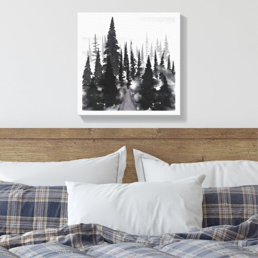 Misty Monochrome Pine Forest Waterverf Art Print (Insitu (Slaapkamer))