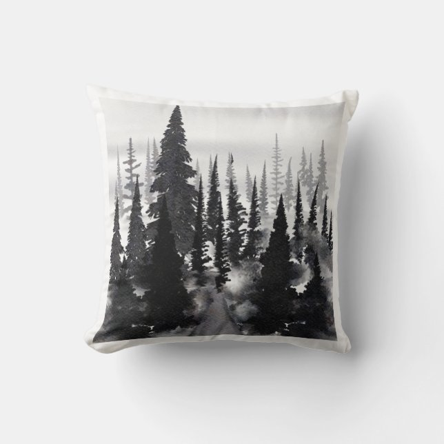 Misty Monochrome Pine Forest Waterverf Art Print Kussen (Voorkant)