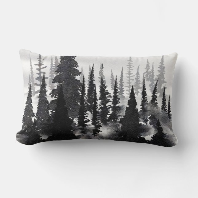 Misty Monochrome Pine Forest Waterverf Art Print Kussen (Voorkant)