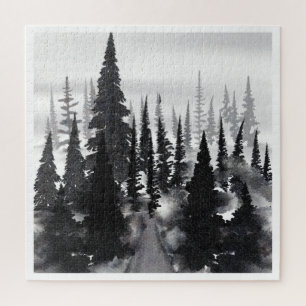 Misty Monochrome Pine Forest Waterverf Art Print Legpuzzel