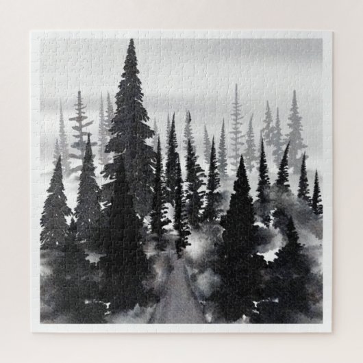 Misty Monochrome Pine Forest Waterverf Art Print Legpuzzel (Verticaal)