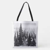 Misty Monochrome Pine Forest Waterverf Art Print Tote Bag (Voorkant)