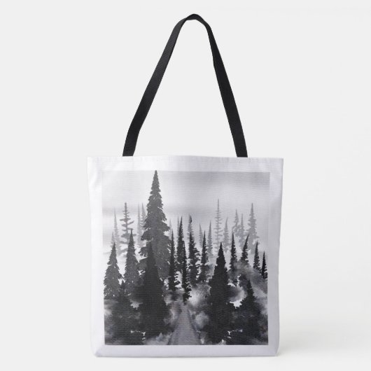 Misty Monochrome Pine Forest Waterverf Art Print Tote Bag (Voorkant)