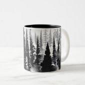 Misty Monochrome Pine Forest Waterverf Art Print Tweekleurige Koffiemok (Voorkant rechts)