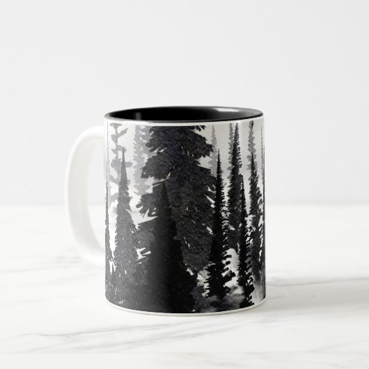 Misty Monochrome Pine Forest Waterverf Art Print Tweekleurige Koffiemok (Voorkant links)