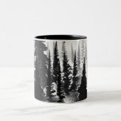 Misty Monochrome Pine Forest Waterverf Art Print Tweekleurige Koffiemok (Center)