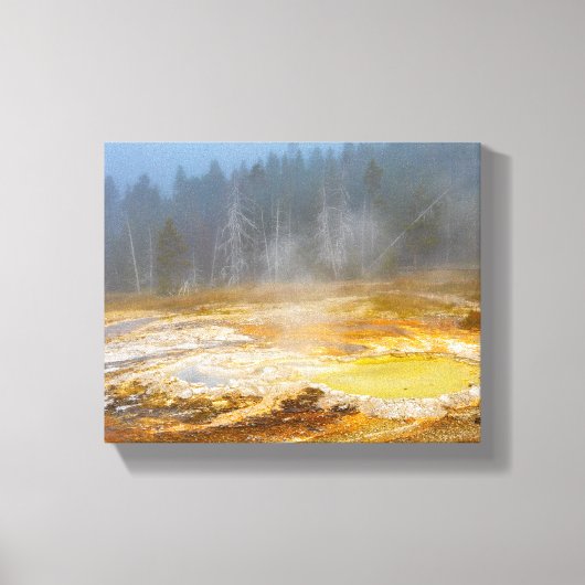 Misty Morning Geyser: een Yellowstone Wonderland Canvas Afdruk (Voorkant)