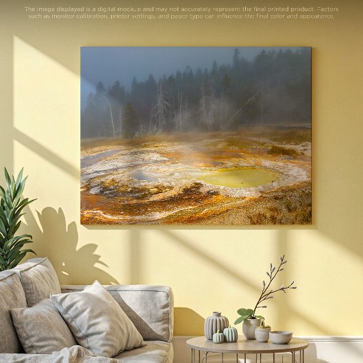 Misty Morning Geyser: een Yellowstone Wonderland Canvas Afdruk