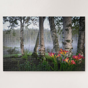 Misty Morning Lake Birch Trees Natuur Landschap Legpuzzel
