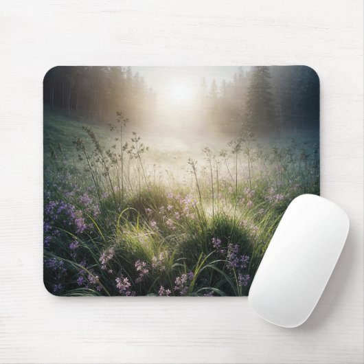 Misty Morning Meadow met wilde bloemen Muismat (Met muis)