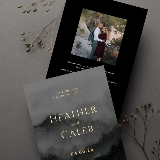 Misty Mountain Black Gold Bruiloft Save the Date Folie Uitnodiging