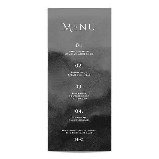 Misty Mountain Black Waterverf bruiloft Menu