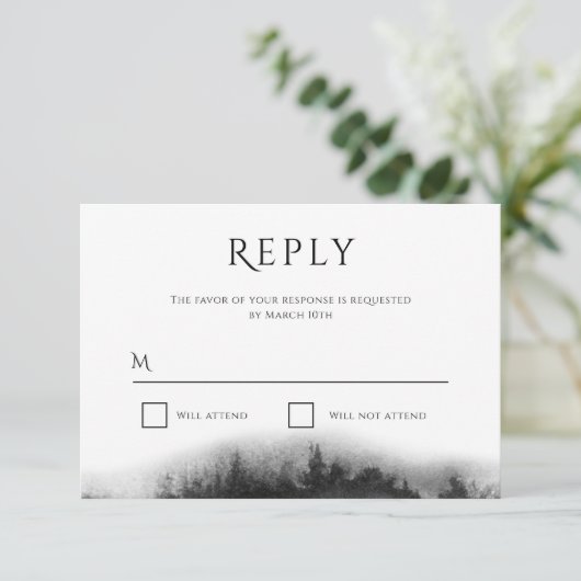 Misty Mountain Black Waterverf bruiloft RSVP Kaartje (Staand voorkant)