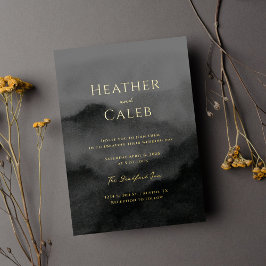 Misty Mountain Black Waterverf en bruiloft goud Folie Uitnodiging