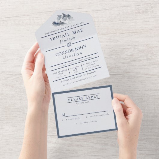 Misty Mountain Blue Grey White Elegant All In One Uitnodiging (Afscheurbaar)