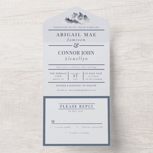 Misty Mountain Blue Grey White Elegant All In One Uitnodiging (Binnen)