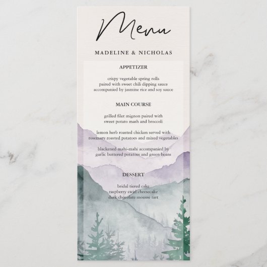 Misty Mountain Forest bruiloft Menu (Voorkant)