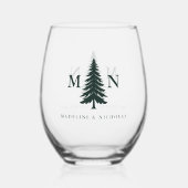 Misty Mountain Forest Green Pine Tree Wedding Wijnglas Zonder Voet (Achterkant)