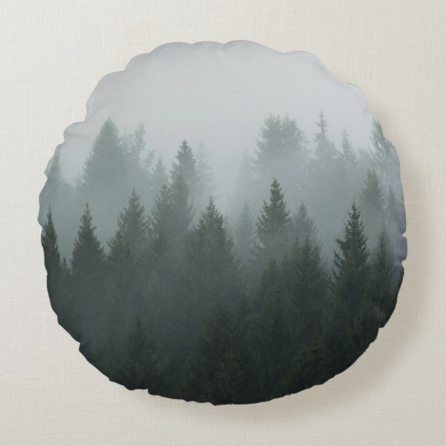 Misty Mountain Forest herfstmist Rond Kussen (Voorkant)