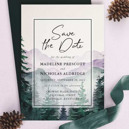 Misty Mountain Forest Script Save The Date Kaart