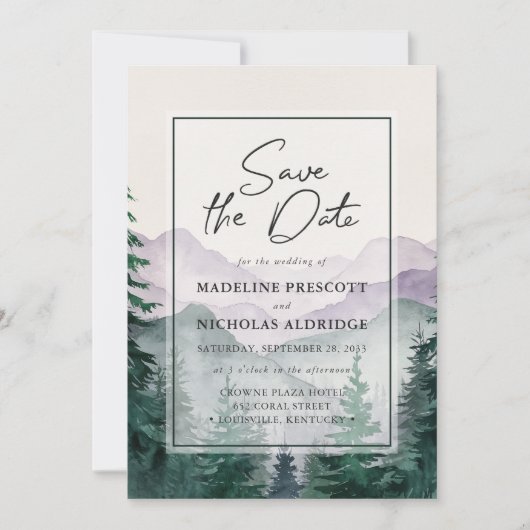 Misty Mountain Forest-script Save the Date-Kaart Kaart (Voorkant)