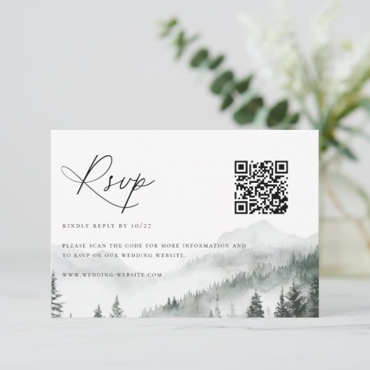 Misty Mountain Forest Wedding QR-code RSVP Kaartje (Staand voorkant)