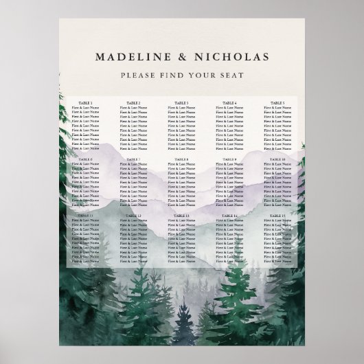 Misty Mountain Forest Wedding Seating Chart Poster (Voorkant)