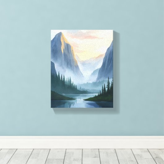 Misty Mountain Range Natuur Waterverf schilderij Canvas Afdruk (Insitu (Houten vloer))