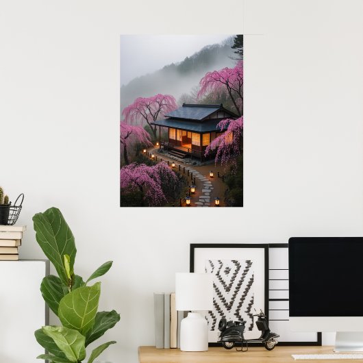 Misty Mountain Theehouse – Betoverde Japanse muurk Poster (Thuiskantoor)