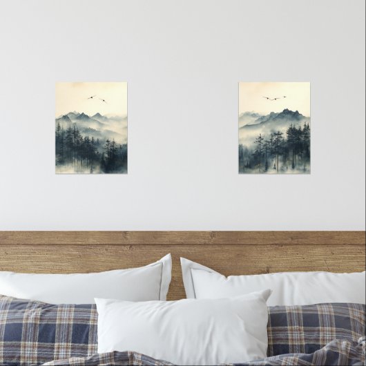 Misty Mountain – Zen Ink Wash – Wall Art Set (Slaapkamer)